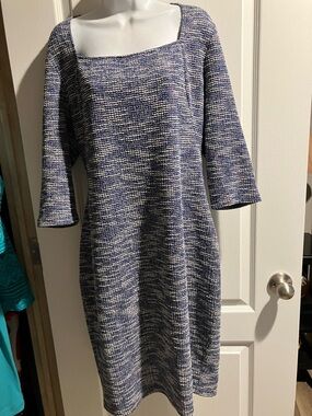 Textured Square-Neck Midi Dress in Blue and White